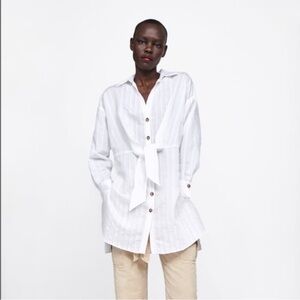 Zara White stripe Long Sleeve Button down Front Shirt Waist Tie cinch